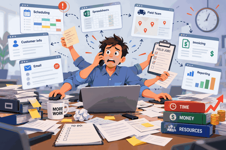 Overwhelmed employee managing disconnected business systems
